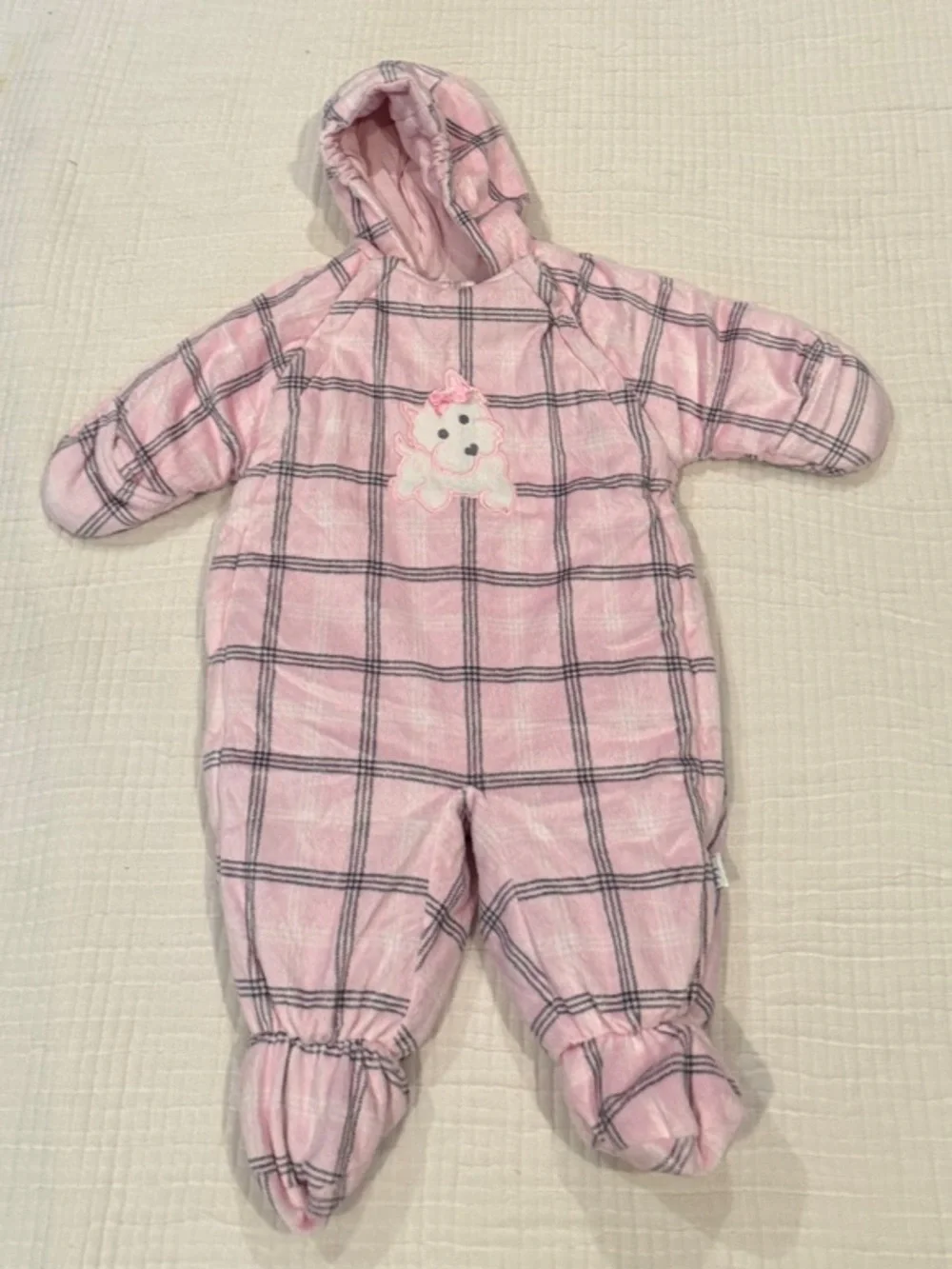 Bon Bebe Pink Plaid Hooded One-Piece Snow Suit Outerwear with Puppy and bow